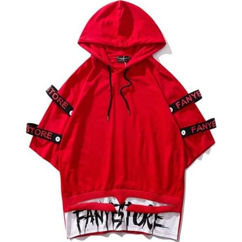 Hooded T Shirts men Ribbon Short Sleeve tshirts Oversize tops tees hip hop Streetwear man clothes Harajuku homme tees wholesale