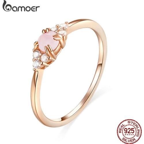 BAMOER Pink Crystal Finger Rings for Women Rose Gold Color 925 Stelring Silver Band Ring Luxury Fine Jewelry Engagement Gifts