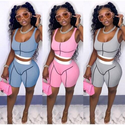 Summer Streetwear Pink 2 Two Piece Sets Women Outfit Sleeveless Backless Crop Top Biker Shorts Sets Fitness Tracksuit 2021