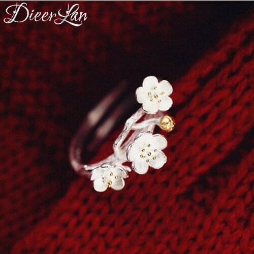 Punk Fancy 925 Sterling Silver Plum Blossom Flower Rings for Women Men Large Adjustable Size Rings aneis