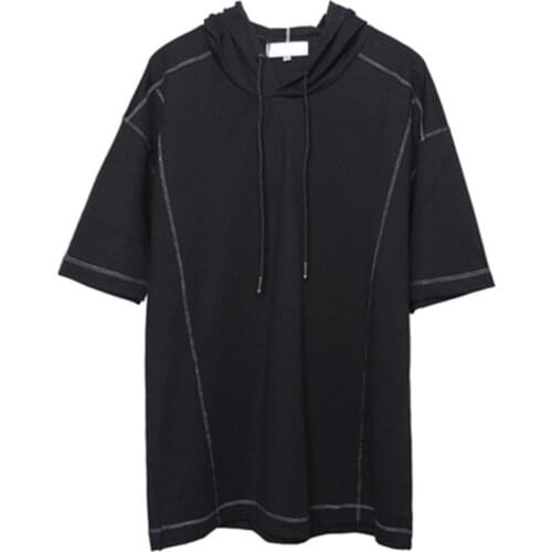 Mens Hooded Short Sleeve T Shirt Spring/Summer New Solid Color Personality Loose Line Sportswear Short Sleeve T Shirt