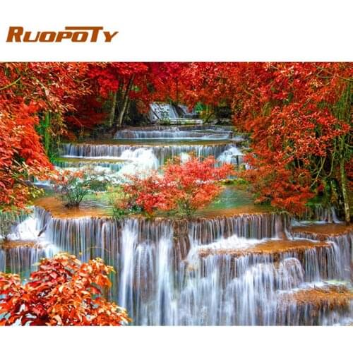 RUOPOTY Frame Picture Landscape Diy Painting By Numbers Waterfall Tree Coloring By Numbers Acrylic Canvas Painting Drawing Art