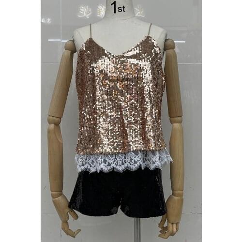 H80&S90 New Sexy Women Tank Tops Female Night & Club Sequin Vest V-Neck Lace Fashion Camisole Halter Strap Shirt Blouse