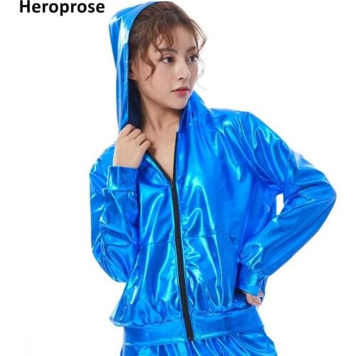 2019 Spring Autumn Kid Audlt Bomber With Pockets Jacket Blue Stage Performance Paillette Feminina Casaco Hip Hop Dance Coat