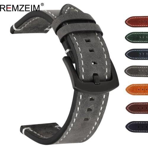 REMZEIM New Handmade Crazy Horse Skin Leather Watchband 18mm 20mm 22mm 24mm Quick Release Smart Watch Strap Gray Green Brown