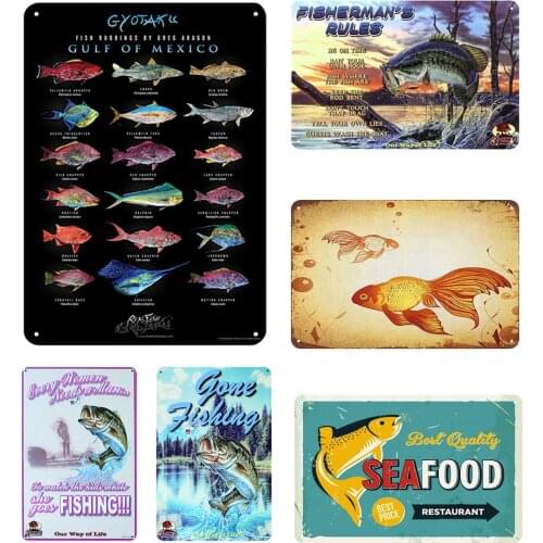 Vintage Metal Plate of Gulf of Mexico Variety Kind of Fishes Fishermans Rules Fishing for Gamer Room Shabby Chic Decoration