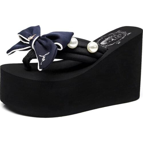 11CM Heel Ladies Slippers Wedges Platform Shoes Beach Flip Flops 2019 Summmer Sweet Bow Womens Flipflops Casual Tourist Slipper