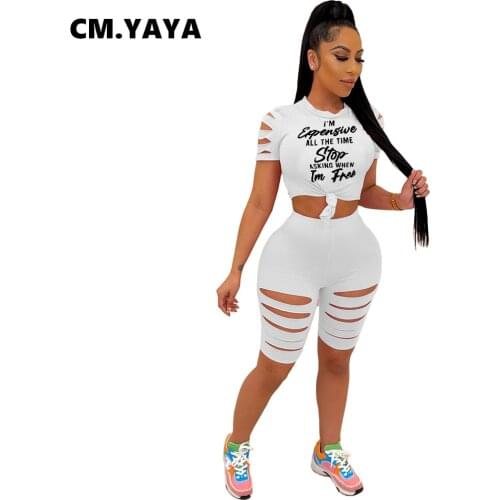 CM.YAYA Women Set Letter Print Hole Short Sleeve Tops Strechy Shorts Two 2 Piece Sets Active Tracksuit Sweatsuit Summer Outfits