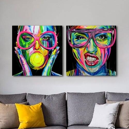 Woman with Glasses Blowing a Balloon Posters and Prints Wall Art Canvas Painting Graffiti Art for Living Room Cuadro Home Decor