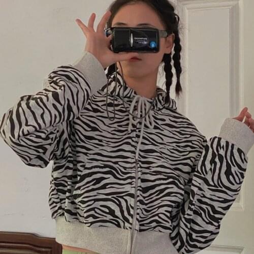 Oversized Casual Hoodie Korean Style Vintage Zebra Print Sweatshirt Puff Sleeve Zip Up Hoodie Women Crop Top Lady Clothing 2021