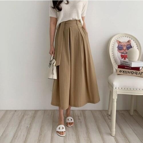 2021 Womens Skirts Summer Autunm Vintage High Waist Pocket Elegant Lace Up Korean Style Flare Lady Long Skirt