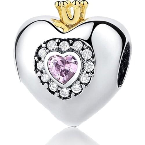 925 Sterling Silver Heart Beads Charms Crown Princess Crystal Hearts Charm Fit Original pandora Bracelet For Women DIY Jewelry