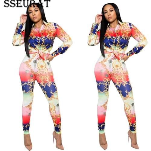 SSEURAT Printing Two-Piece Womens Lapel Long-Sleeved Top And Trousers With Buttons Fashion Casual Suit 2021 New