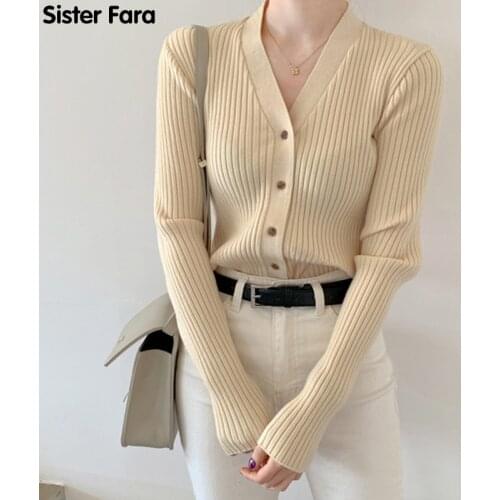 Sister Fara Autumn Ladies Knitting Tops Full Sleeve Cardigans Casual Winter V-neck Single-breasted Female Open Stitch Sweaters