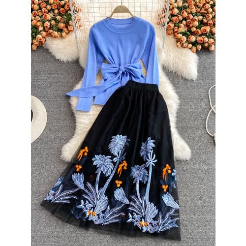 Autumn Women Two Piece Set Vintage Blue Bow Knitted Tops + Black High Waist Mesh Embroidered Skirt Ladies Suit 2021 New Fashion