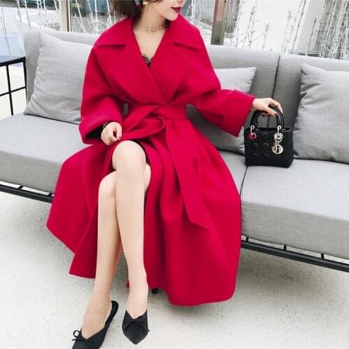 Winter Woolen Coat Female Wool Jacket Women Turn-Down Collar Quality Material Belt Long elegant Overcoat Ladies Solid Coats 1045