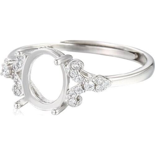 Ring Setting for 7x9mm Oval Cabochons Ring Base White Gold Plated 925 Silver Zircon Adjustable Ring Blank SR0186