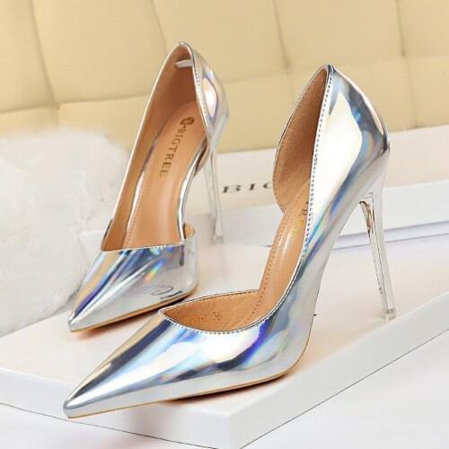2021 fashion metal high heels fashion thin heel high heels shallow mouth pointed side hollow sexy womens single shoes