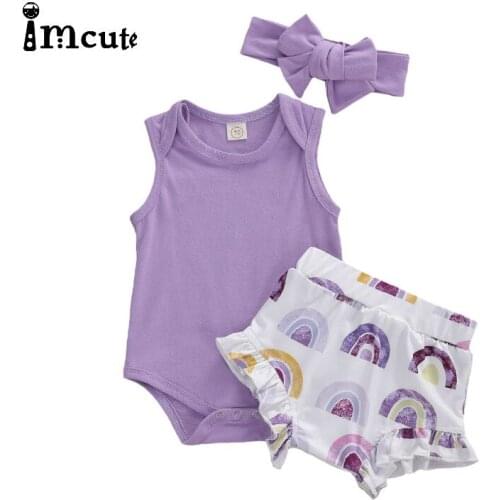 Imcute Birthdays Gift Toddler Baby Girl Infant Kids Clothes Tops Flower Print Rainbow Bodysuit Shorts Headband Outfits 3Pcs Set