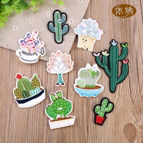 50pcs/lot Cactus Potted Plans Embroidery Patches Letters Clothing Decoration Accessories Diy Iron Heat Transfer Applique