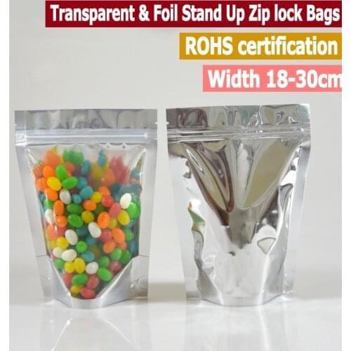 50pcs One Side Clear And Aluminum foil Stand Up Zip lock Bags For Food Snack Standing Zip lock Pouches Width From 18 to 30cm