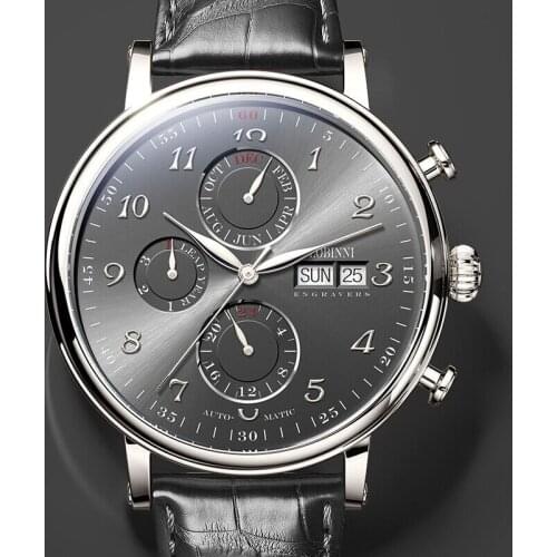 LOBINNI Genuine Leather Sapphire Glass Waterproof Watches Mens Automatic Mechanical Watch With Date Week Multi Function Watch