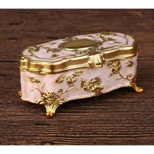 European Gold Plating White Hand Painted Rose Flower Design Footed Metal Alloy Toothpick Holder Cotton Swab Trinket Box