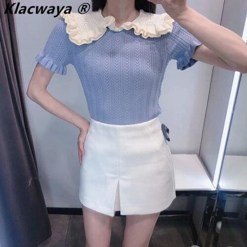 Klacwaya Fashion Women Short Sleeve Crop Knitted Top Casual Navy Collar Paneled Sweet Spring Summer Knit T-Shirt 2021 New
