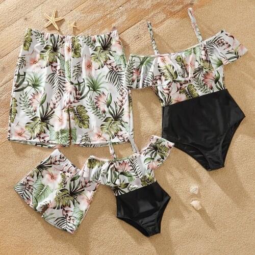 PatPat New Family Look Floral Print Stitching Solid One-piece Matching Swimsuits