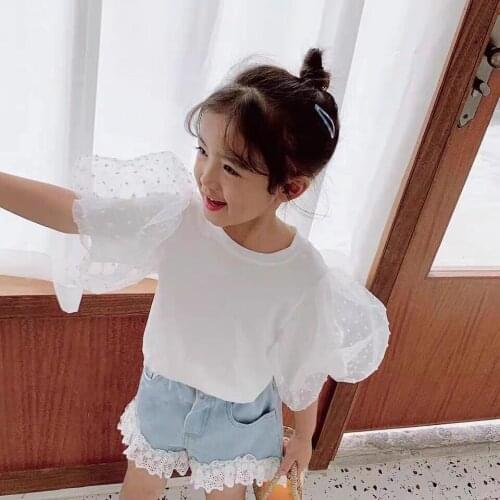 Little Girls 2-Piece Outfit Set Summer Puff Short Sleeve Round Neck Solid Color Loose Top Long Denim Lace Short Pants Set