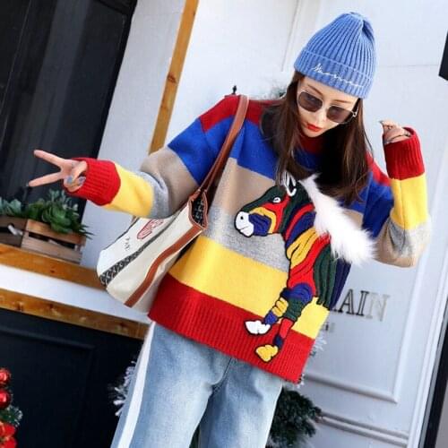 2020 Fashion The New Loose Sleeve Stripe Contrast Color Knitting Sweater Free Shipping