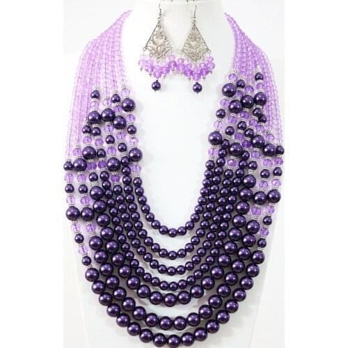 Fashion women purple shell simulated-pearl crystal beads 7 rows necklace earrings charms diy bohemia jewelry set B1313