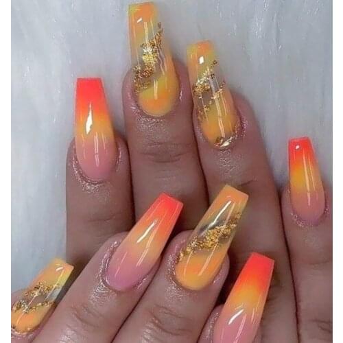 24pcs/Box Gradient Gold Leaf False Nails Long French Fake Nails Detachable Ballet Coffin Nail Tips Press on Nail Art Tool NN