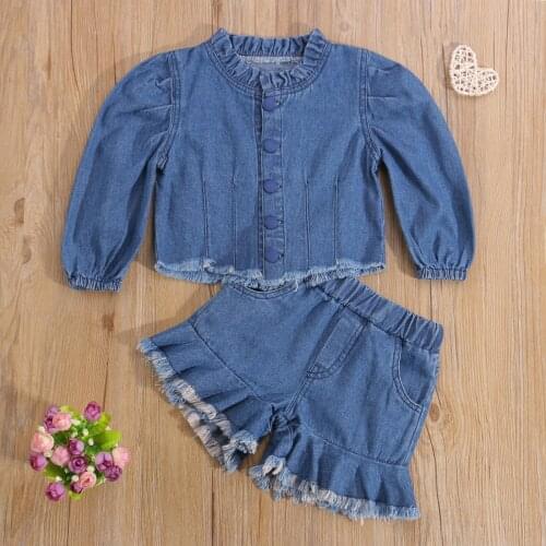 Newest Arrival Kids Girls Denim T-shirt+Shorts Set Children Fashion Solid Color Long Sleeve Cardigan and Short Pants for 1-6T