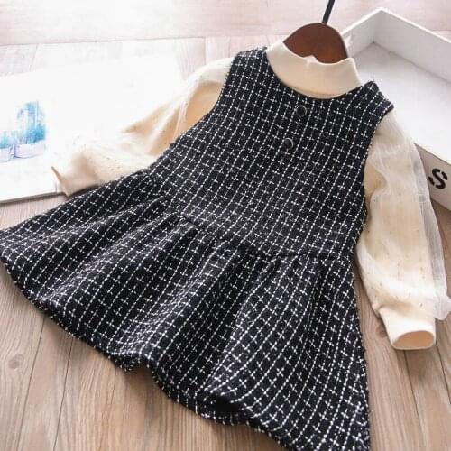 Wholesale girls puff sleeve top and plaid sleeveless dress 2piece sets children suits