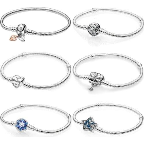 Original Moments Butterfly Snowflake Leaves Clasp Snake Chain Bracelet Bangle Fit Pandora 925 Sterling Silver Bead Charm Jewelry