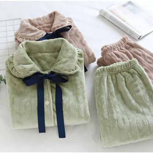 Fdfklak Sleep Two Pieces Loungewear Thick Coral Velvet Long Sleeve Pyjamas Sets Flannel Pijama Suit Mujer Female Homewear