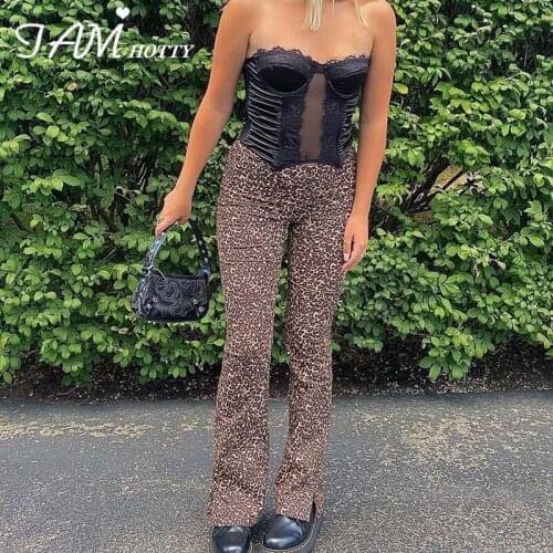 Y2K Leopard Print Straight Split Pants Capris Women Vintage Aesthetic High Waist Korean Fashion Punk Brown Streetwear Iamhotty