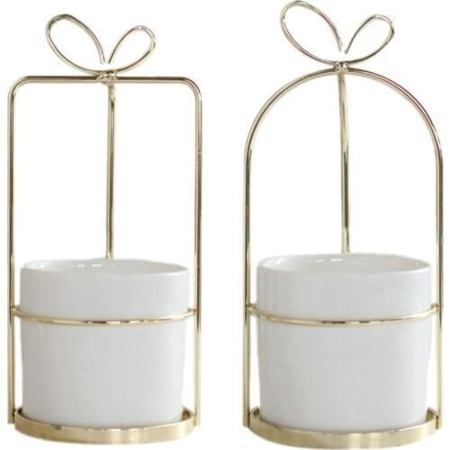 Modern Non-Porous Ceramic Vase With Gold Frame White Porcelain Home Decoration Plant Planting Flower Pot White + Gold Ceramic