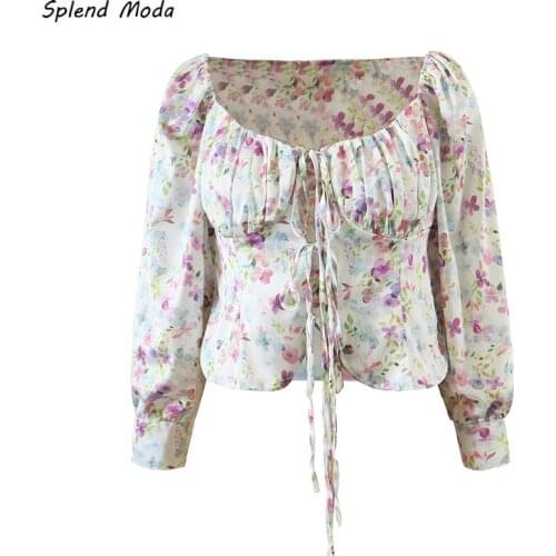 Splend Moda 2021 Spring Summer Chic French Sweet Floral Print Lace-Up Square Collar Short Blouse Seaside Vacation Sexy Top Women