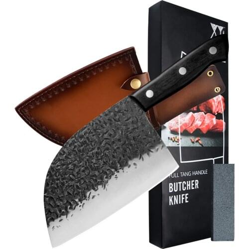 XYJ 7 Inch Full Tang Butcher Chopping Knife With Sheath And Whetstone Pakka Wood Handle Hunting Outdoor Serbian Cleaver