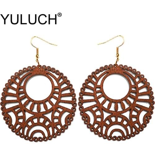 YULUCH 2019 Vintage Round Wood Hollow Earrings Fashion Jewelry Ethnic African Statement Drop Pendant Earrings For Women Party