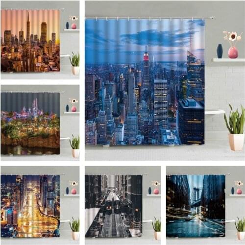City Night View Shower Curtain Architecture High Floor Scenery Bathroom Wall Hanging Curtains Waterproof Hook Screen Home Decor