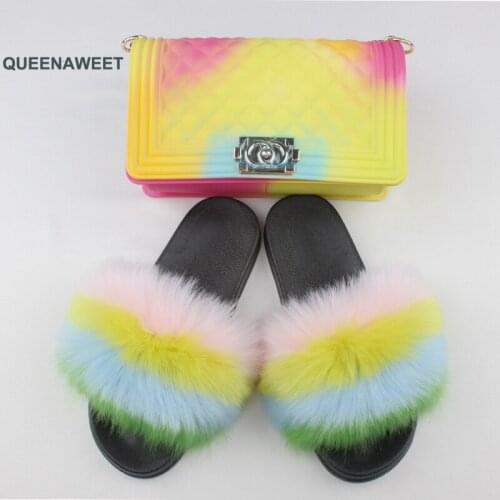 Women Fur Slippers Jelly Handbag Set Fluffy faux fur Hair Flip-Flops Fur Sandals Ladies Rainbow Slides Shoes Gradient Bag Set