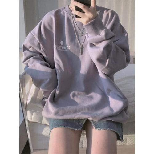 Hoodies Women Letter Korean Long Sleeve Autumn Thin Chic Purple Harajuku Femme Pullovers Oversized Black Girl Streetwear