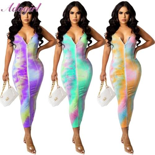 Elegant Tie Dye Rib Knit Zipper Up Summer Maxi Dress Women Sexystrapless Backless Party Club Long Dresses Outfit Beach Vestidos