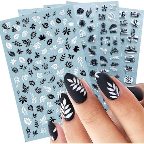 1PC Mix White Black 3D Nail Decals Nail Art Stickers Adhesive Gold Leaf Letters Sliders Wraps Summer Design Decorations FT352