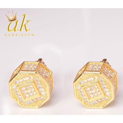 11MM Round Men Women Stud Earring Gold Color Iced Cubic Zircon Screw Back Earrings Hip Hop Jewelry