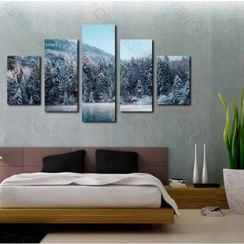 5 Pieces Hd Printed Canvas Painting Poster Mountains Modular Pictures Cedar Tree Forest At Winter for Home Rooms Wall Decoration
