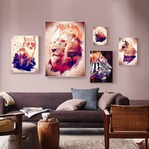 Abstract Landscape Animal Wall Art Canvas Painting NordicTiger Lion Fox Posters and Prints Wall Pictures for Living Room Decor